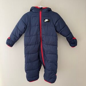 Nike Baby Puffer Snowsuit Navy Blue Red Fleece Lined Bunting 9M 68-74cm